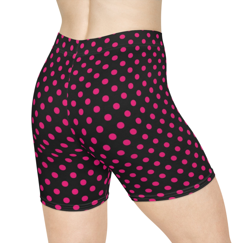 Women's Polka Dot Biker Shorts — Black with Hot Pink Dots