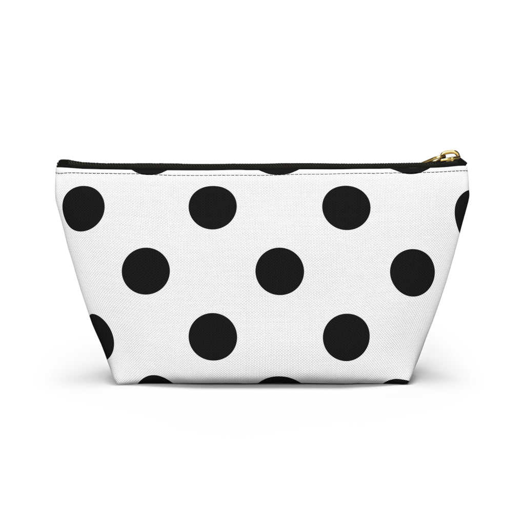 Polka Dot Accessory Pouch — Black & White Cosmetic Bag with T-Bottom
