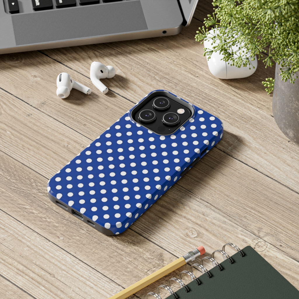 Polka Dot Tough Phone Case — Navy Blue White Dot Protective Phone Cover