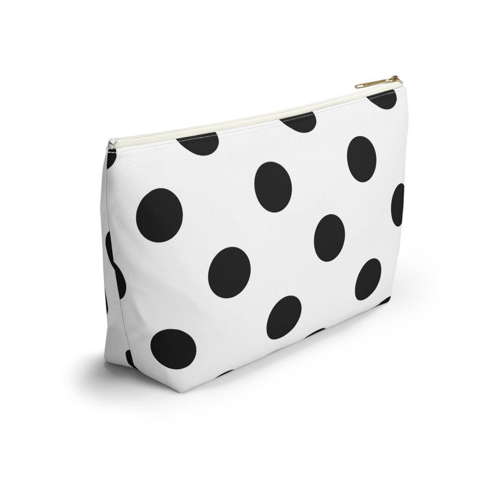 Polka Dot Accessory Pouch — Black & White Cosmetic Bag with T-Bottom