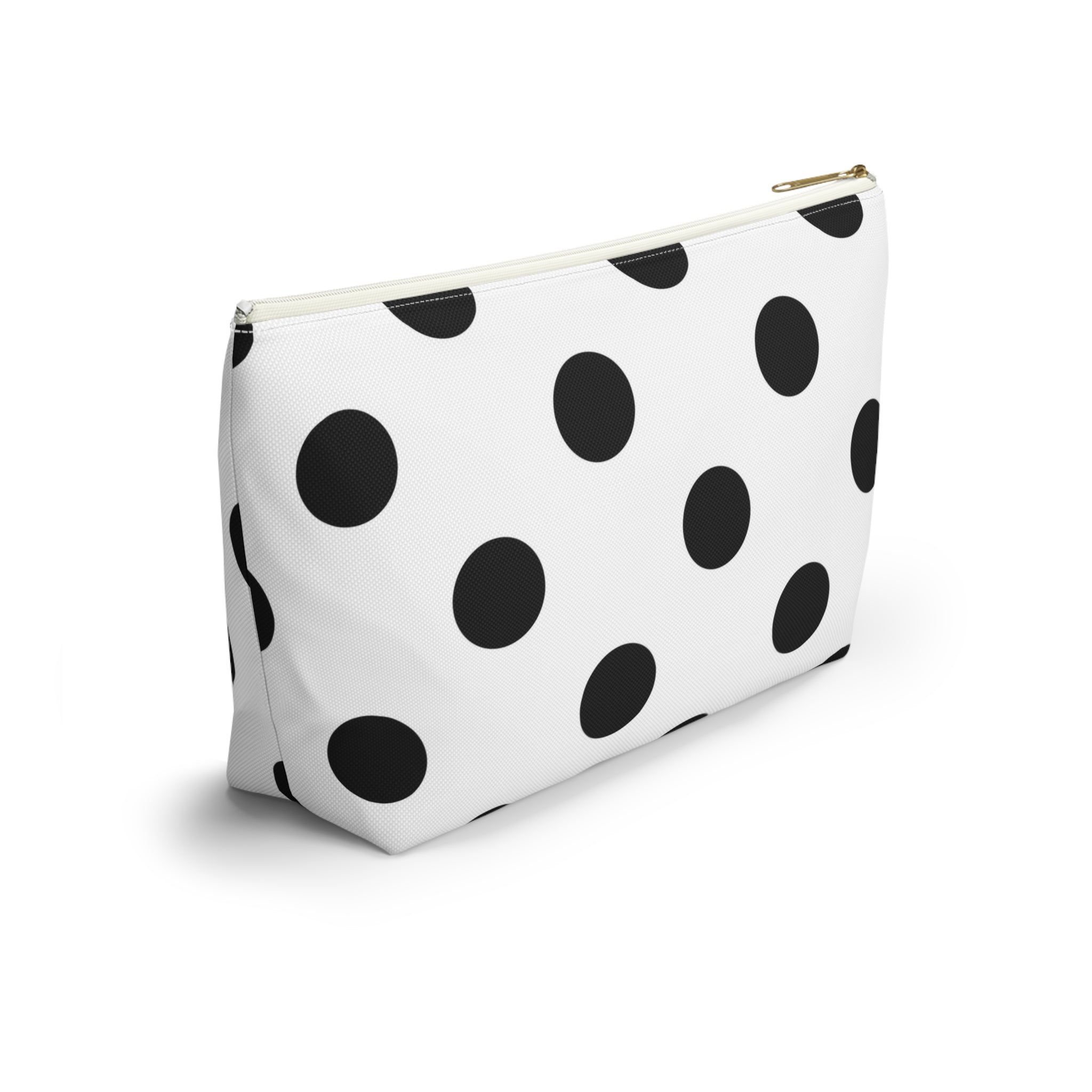 Polka Dot Accessory Pouch — Black & White Cosmetic Bag with T-Bottom