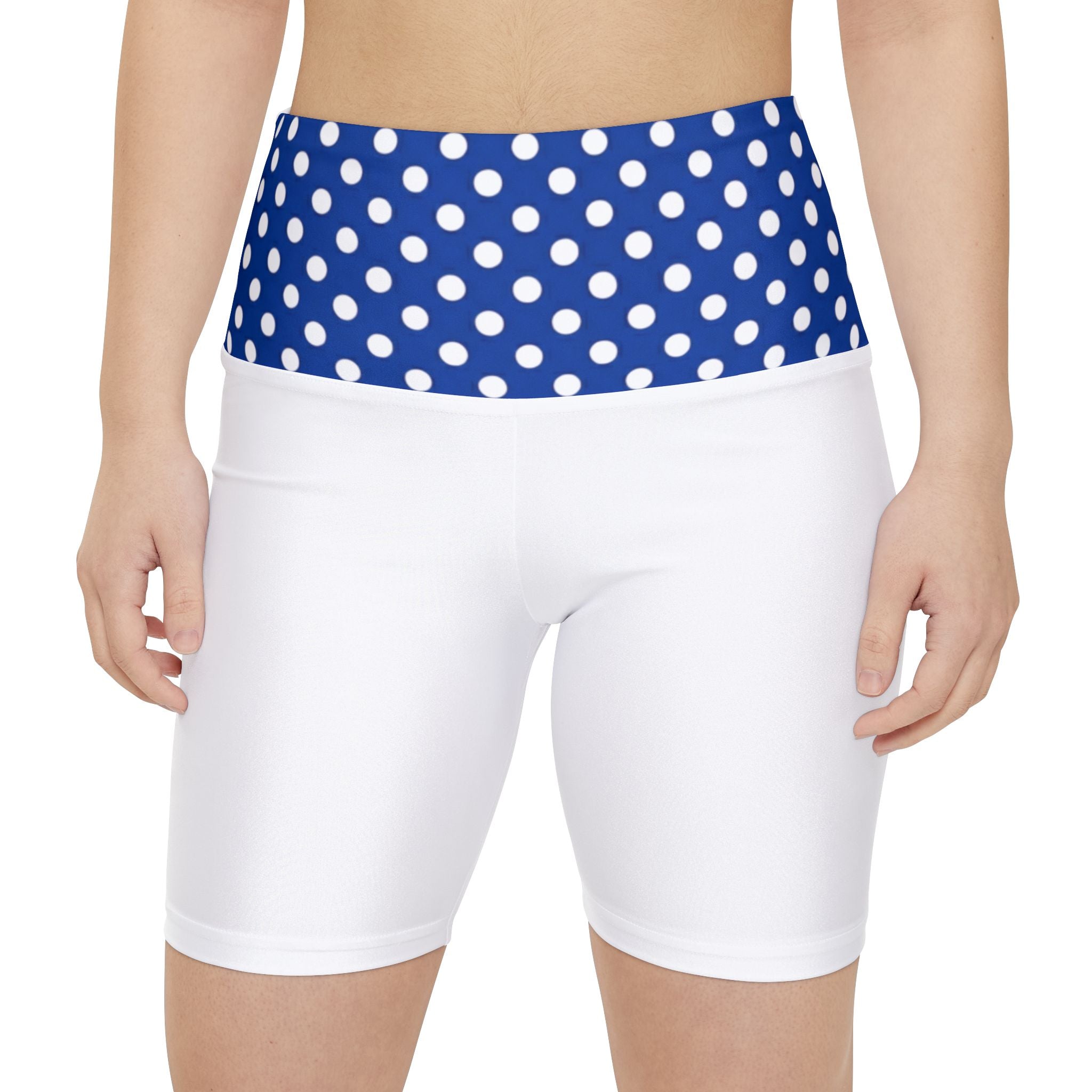 Polka Dot Waistband Women's Workout Shorts — Blue & White Activewear