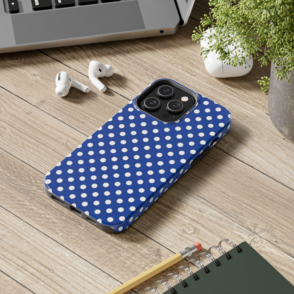 Polka Dot Tough Phone Case — Navy Blue White Dot Protective Phone Cover