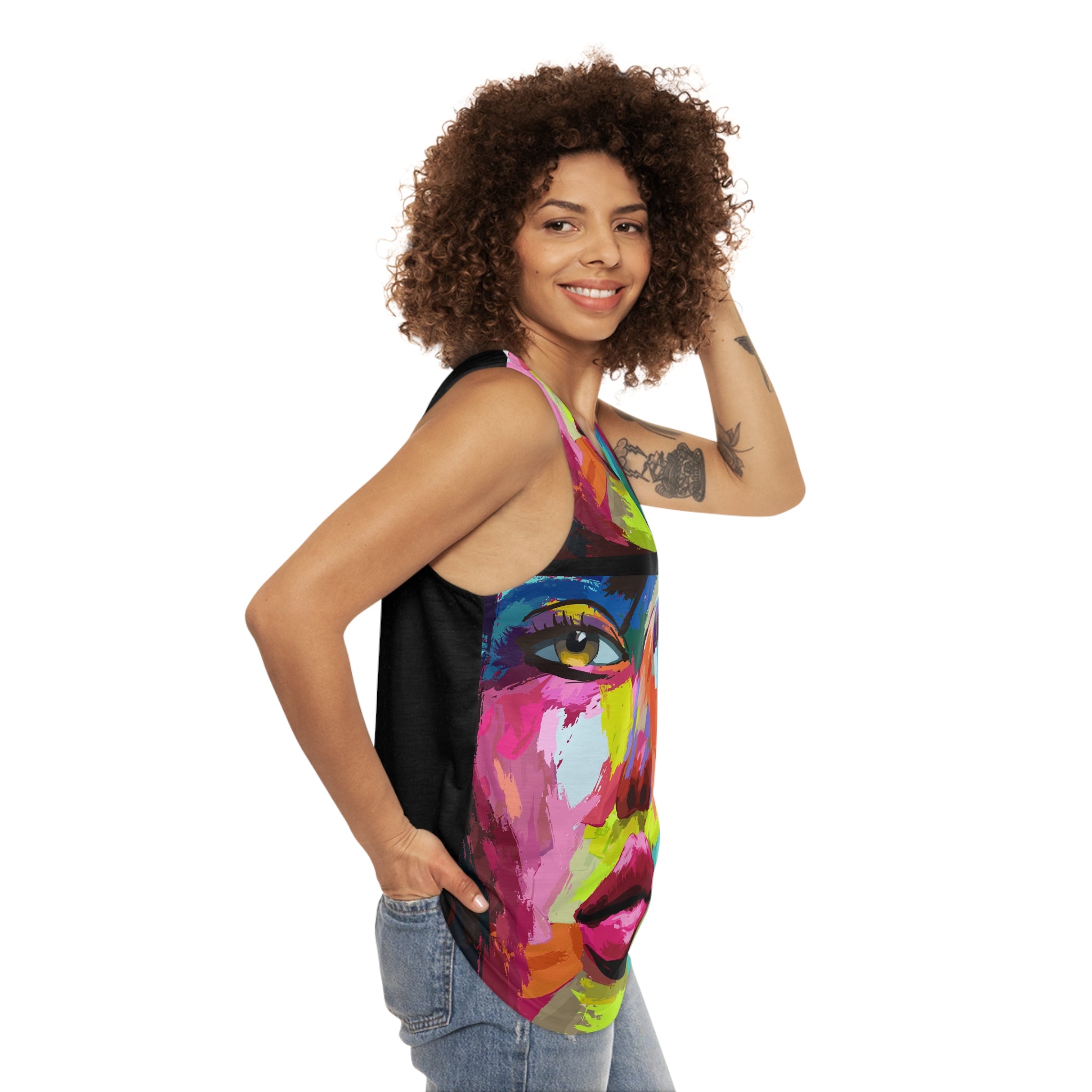 Colorful Pop Art Face Tank Top — Vibrant Abstract Portrait AOP
