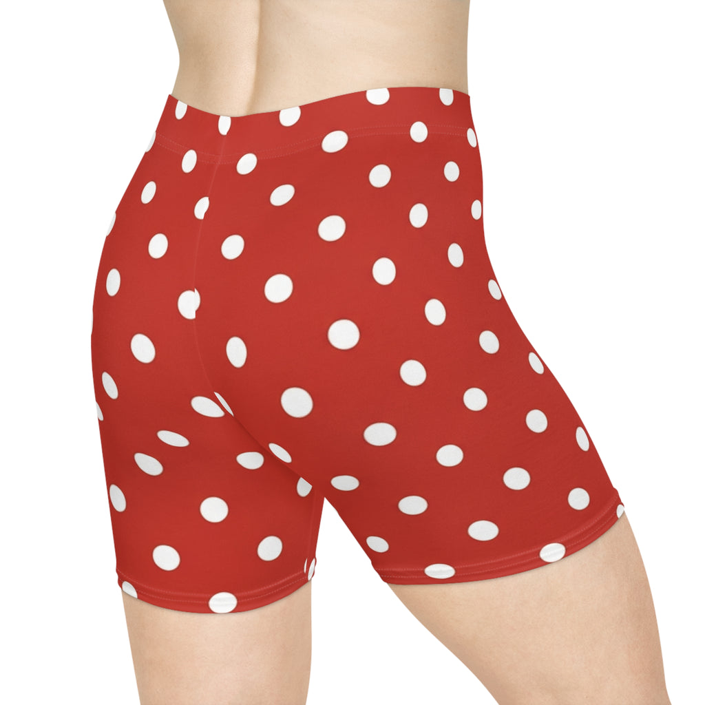 Red Polka Dot Biker Shorts - Retro White Dot Activewear