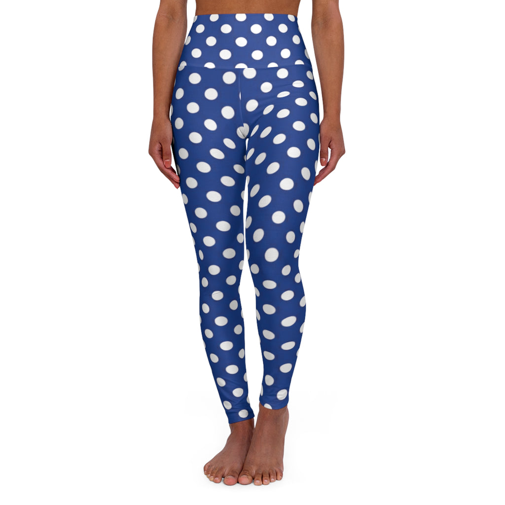 Blue Polka Dot High-Waist Yoga Leggings — Stretchy AOP Fitness & Everyday Wear