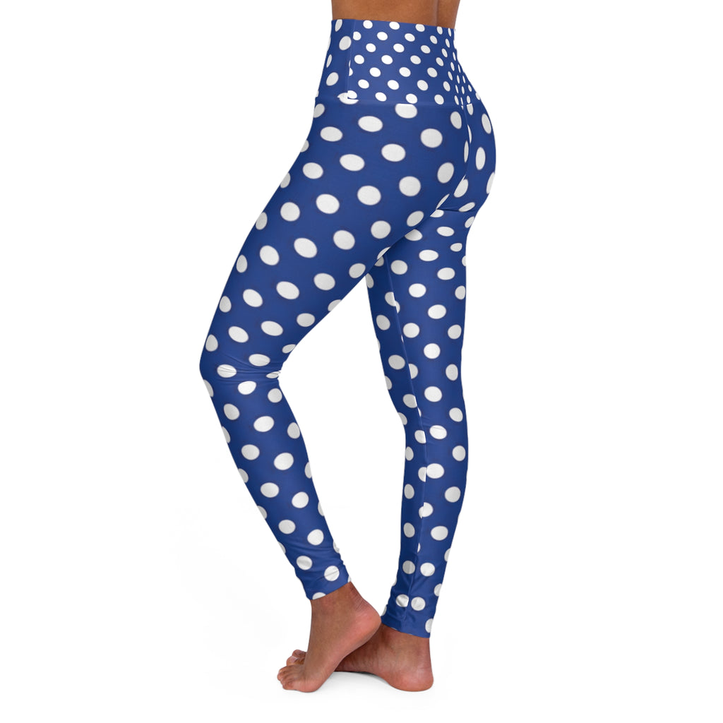 Blue Polka Dot High-Waist Yoga Leggings — Stretchy AOP Fitness & Everyday Wear