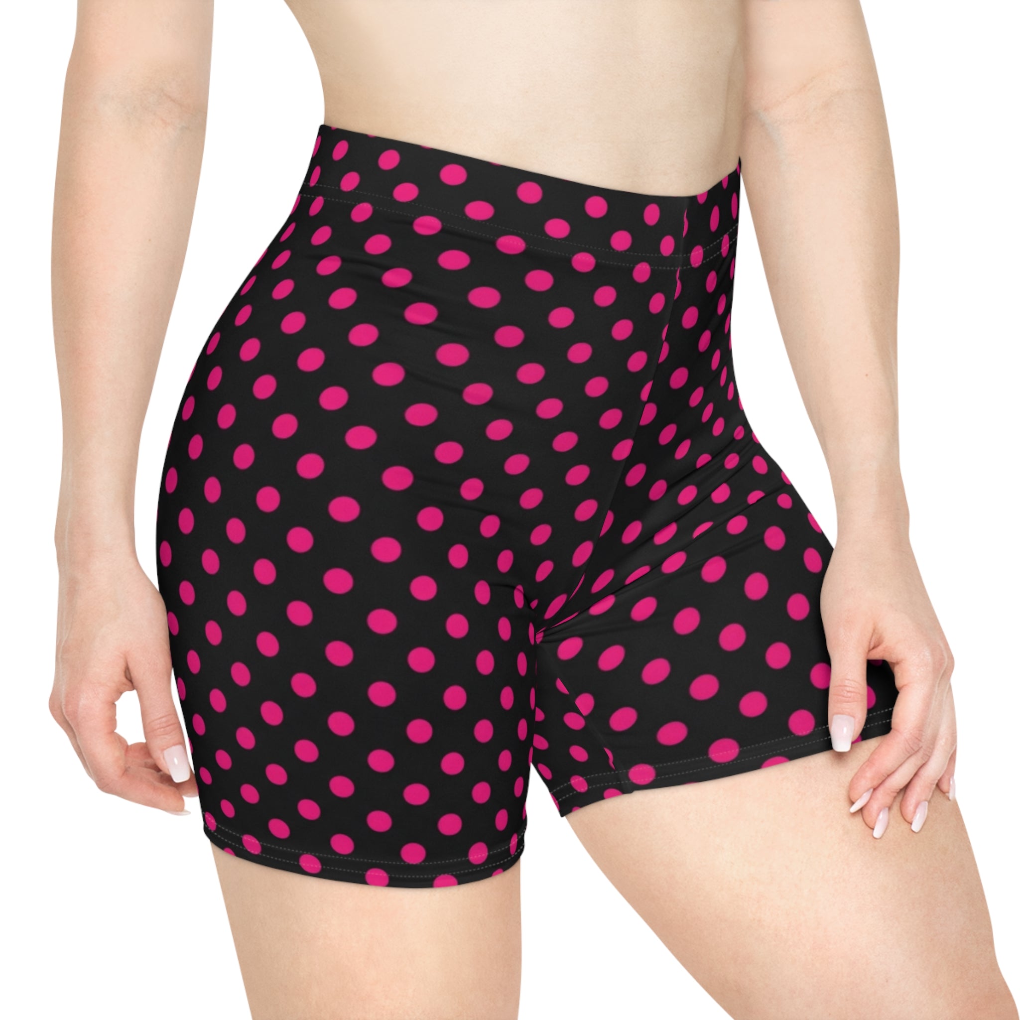 Women's Polka Dot Biker Shorts — Black with Hot Pink Dots