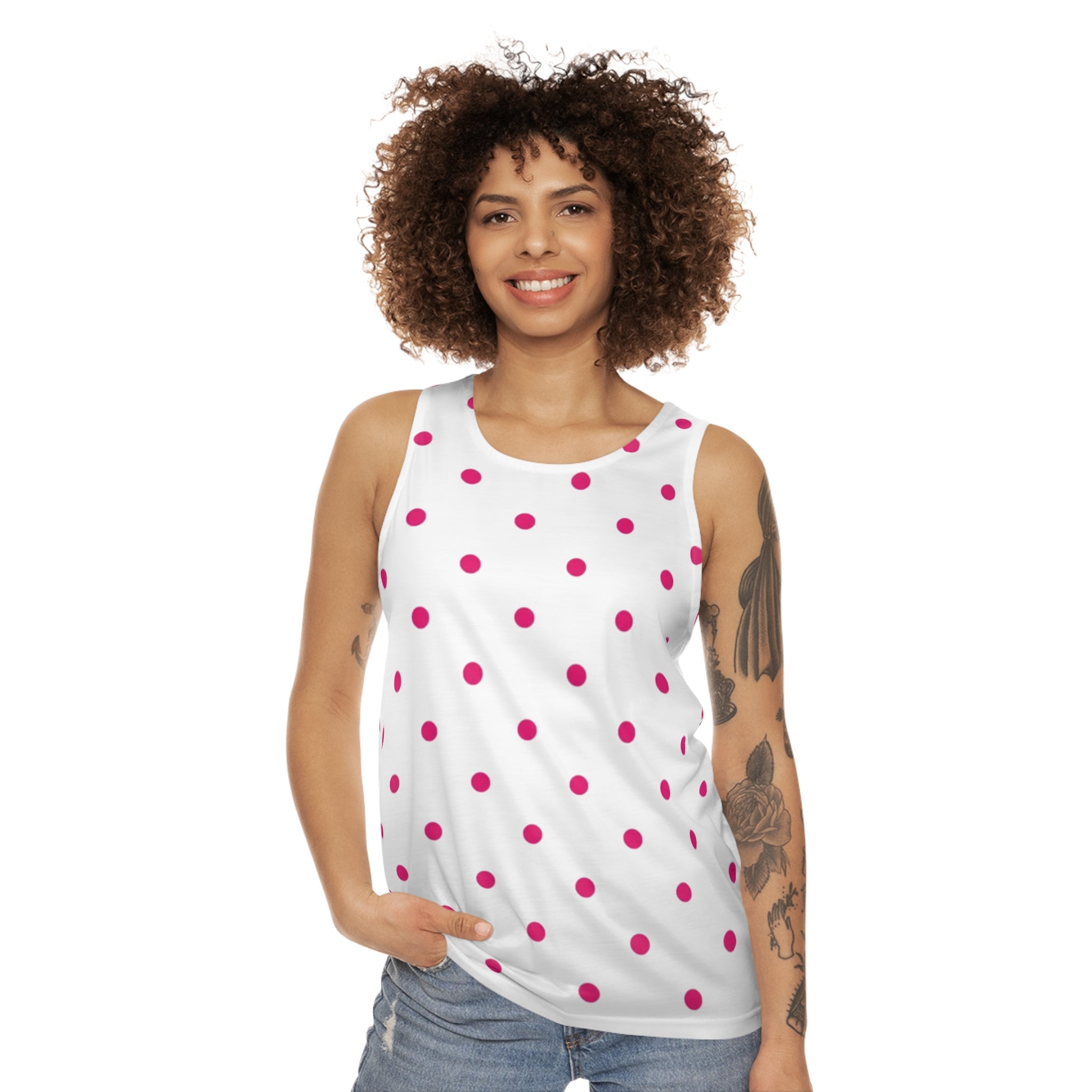 Pink Polka Dot Tank Top — White All-Over Print Summer Tank