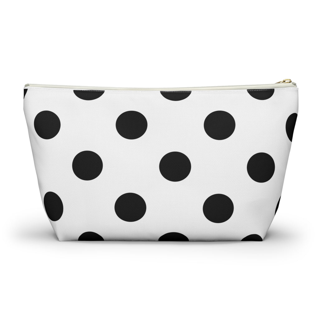 Polka Dot Accessory Pouch — Black & White Cosmetic Bag with T-Bottom