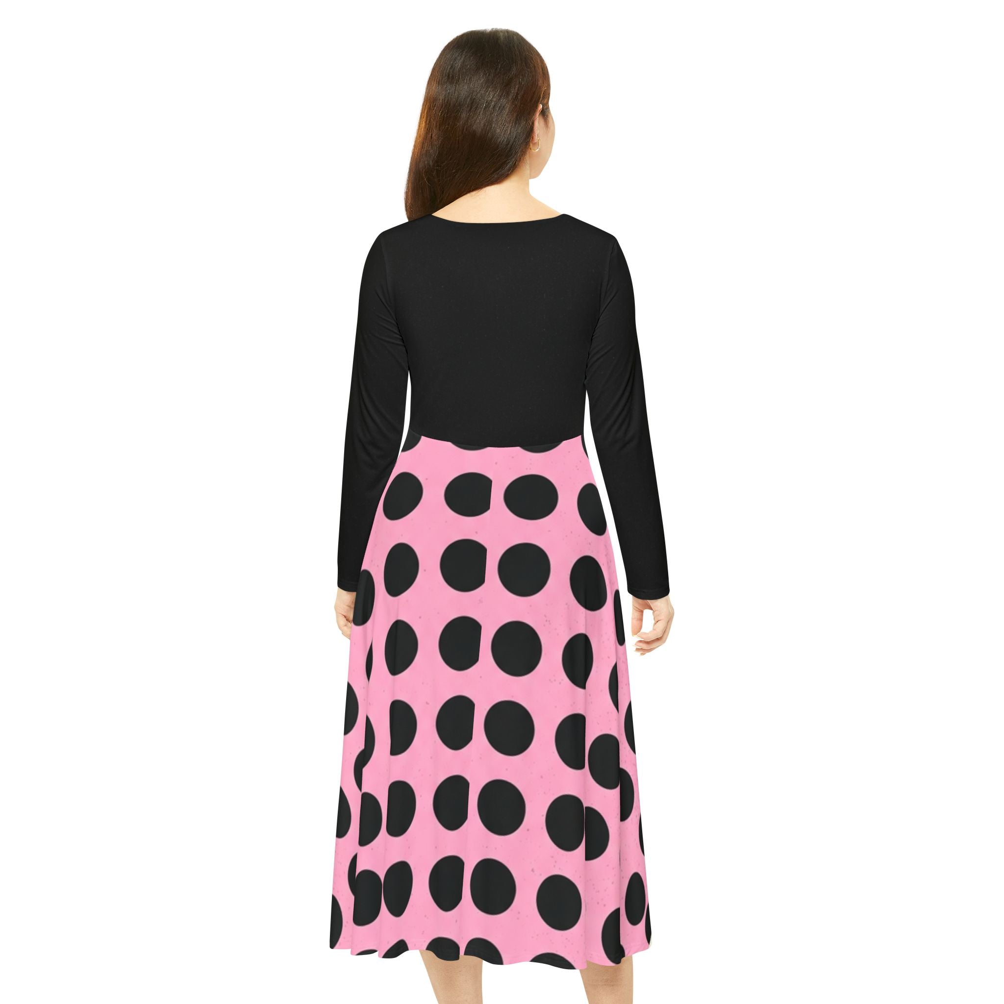 Long Sleeve Polka Dot Dance Dress — Pink & Black Retro Swing Skirt