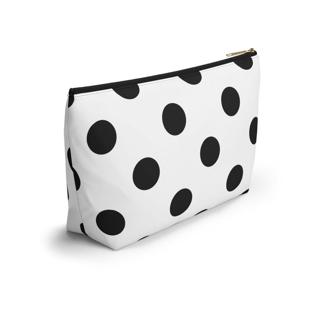 Polka Dot Accessory Pouch — Black & White Cosmetic Bag with T-Bottom