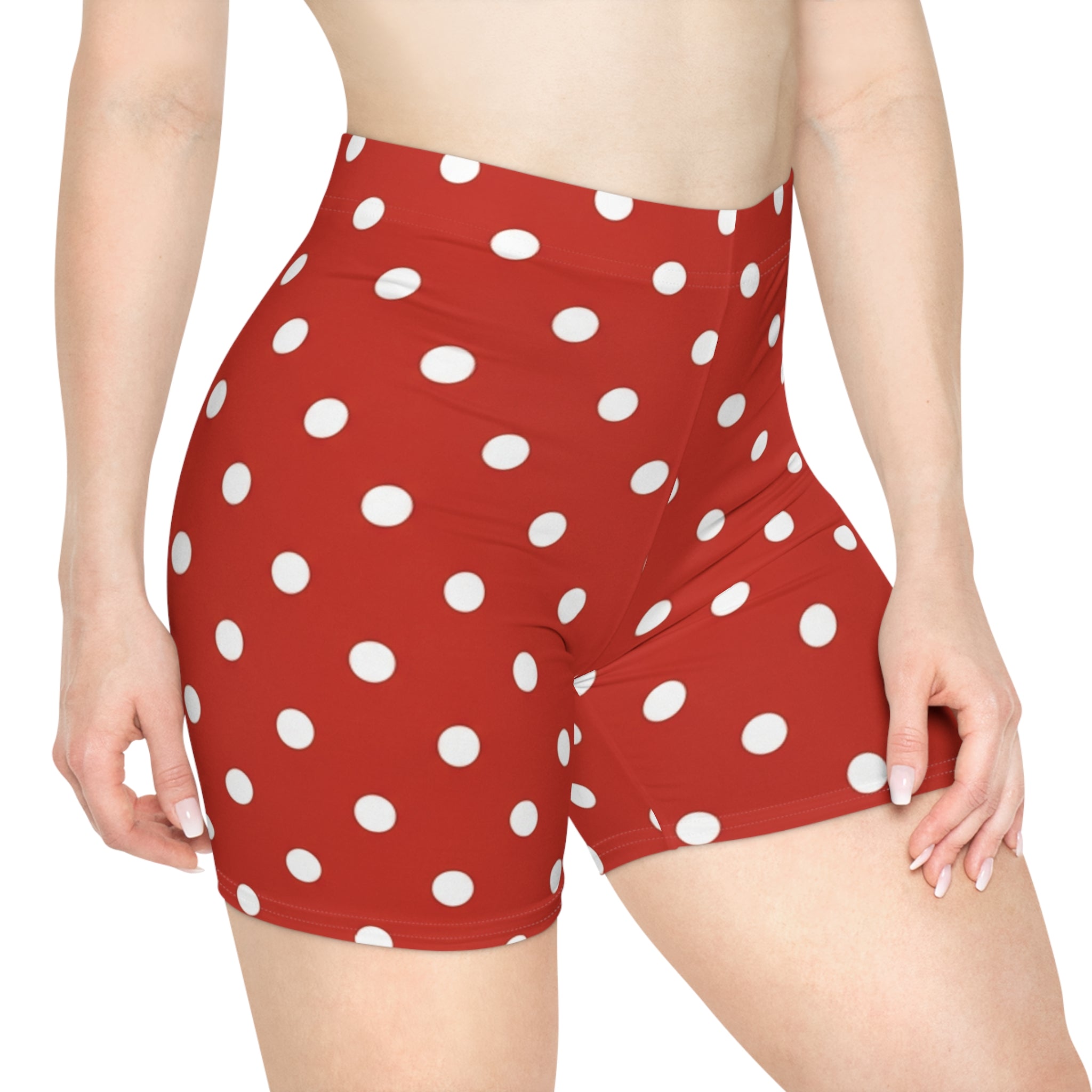 Red Polka Dot Biker Shorts - Retro White Dot Activewear