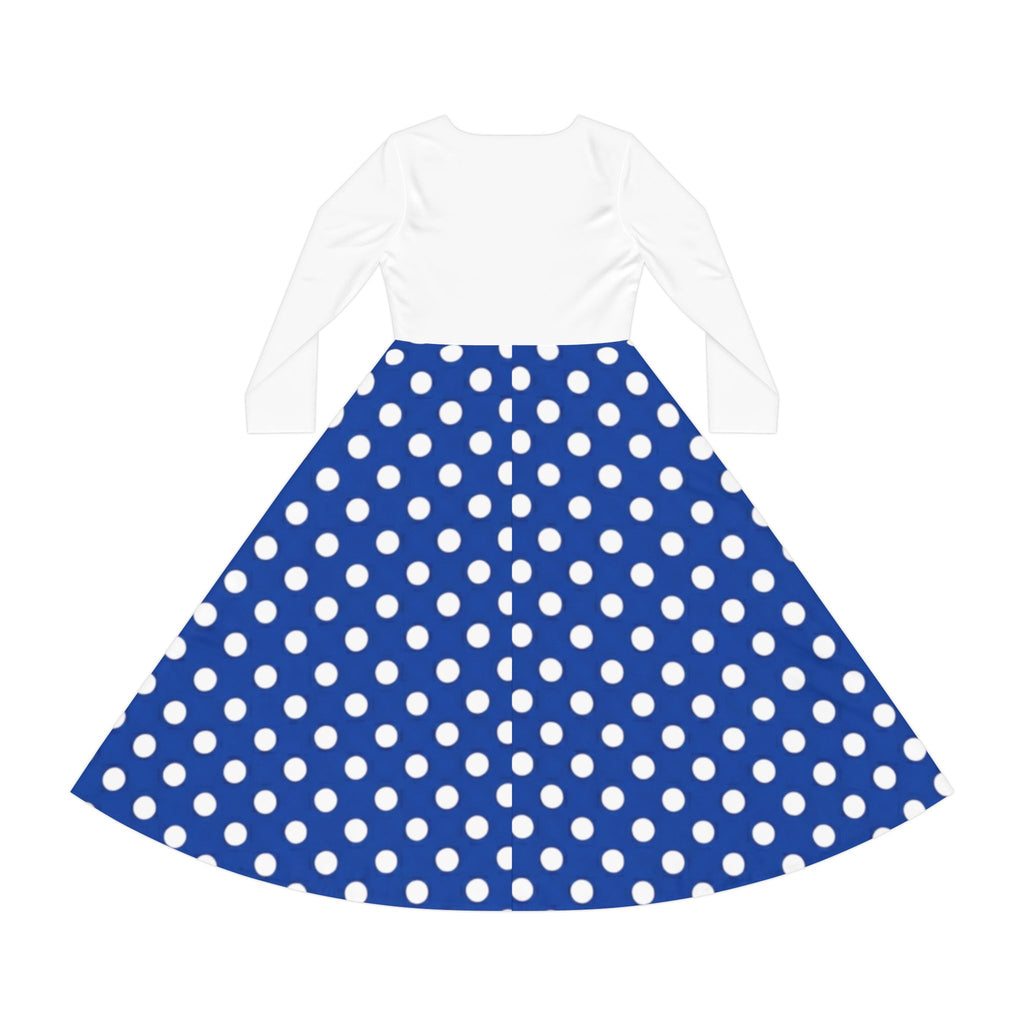 Blue Polka Dot Long Sleeve Dance Dress — Vintage Swing Skirt for Women