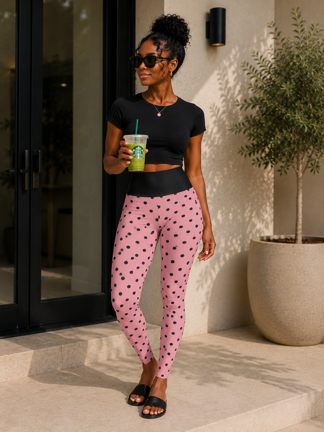 Pink Polka Dot High-Waist Yoga Leggings – Stretchy Workout & Athleisure Tights