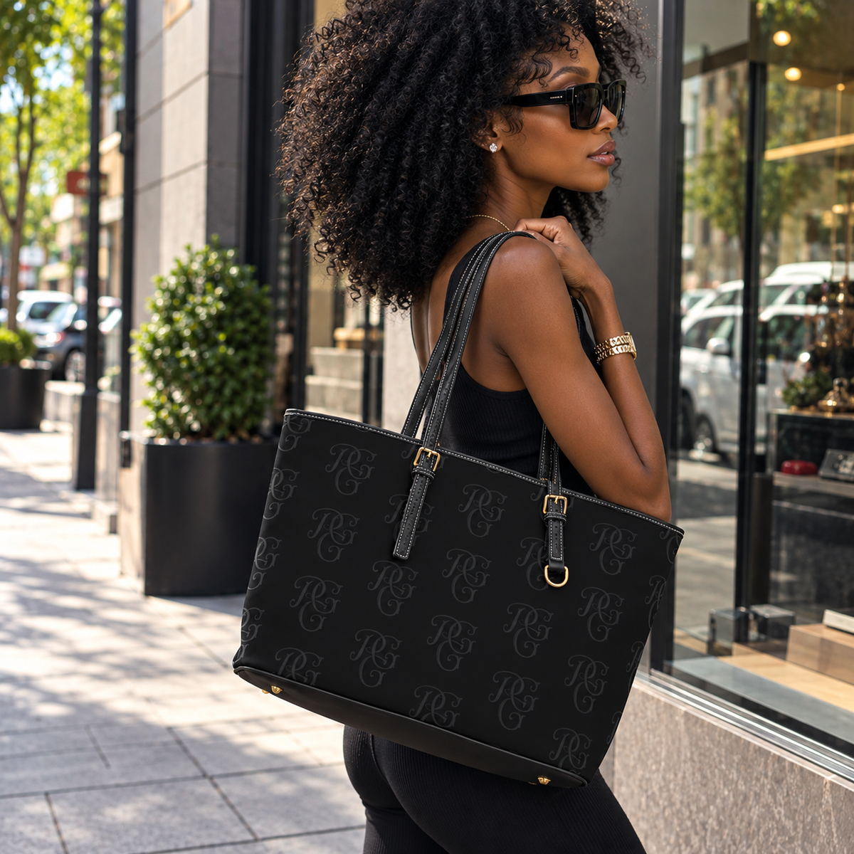 Black PU Leather Monogram Shoulder Bag