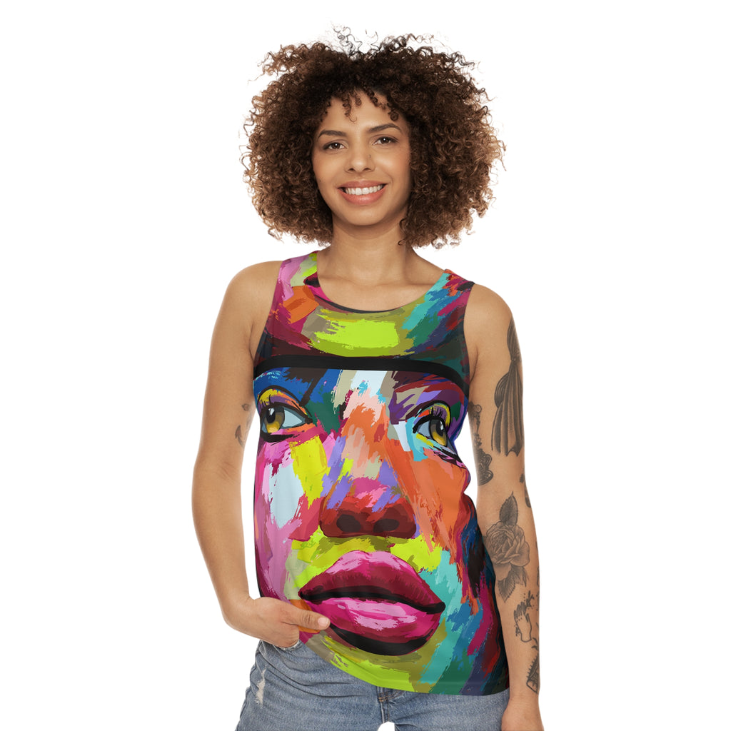 Colorful Pop Art Face Tank Top — Vibrant Abstract Portrait AOP