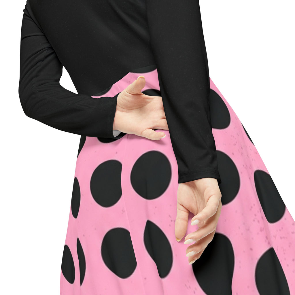 Long Sleeve Polka Dot Dance Dress — Pink & Black Retro Swing Skirt