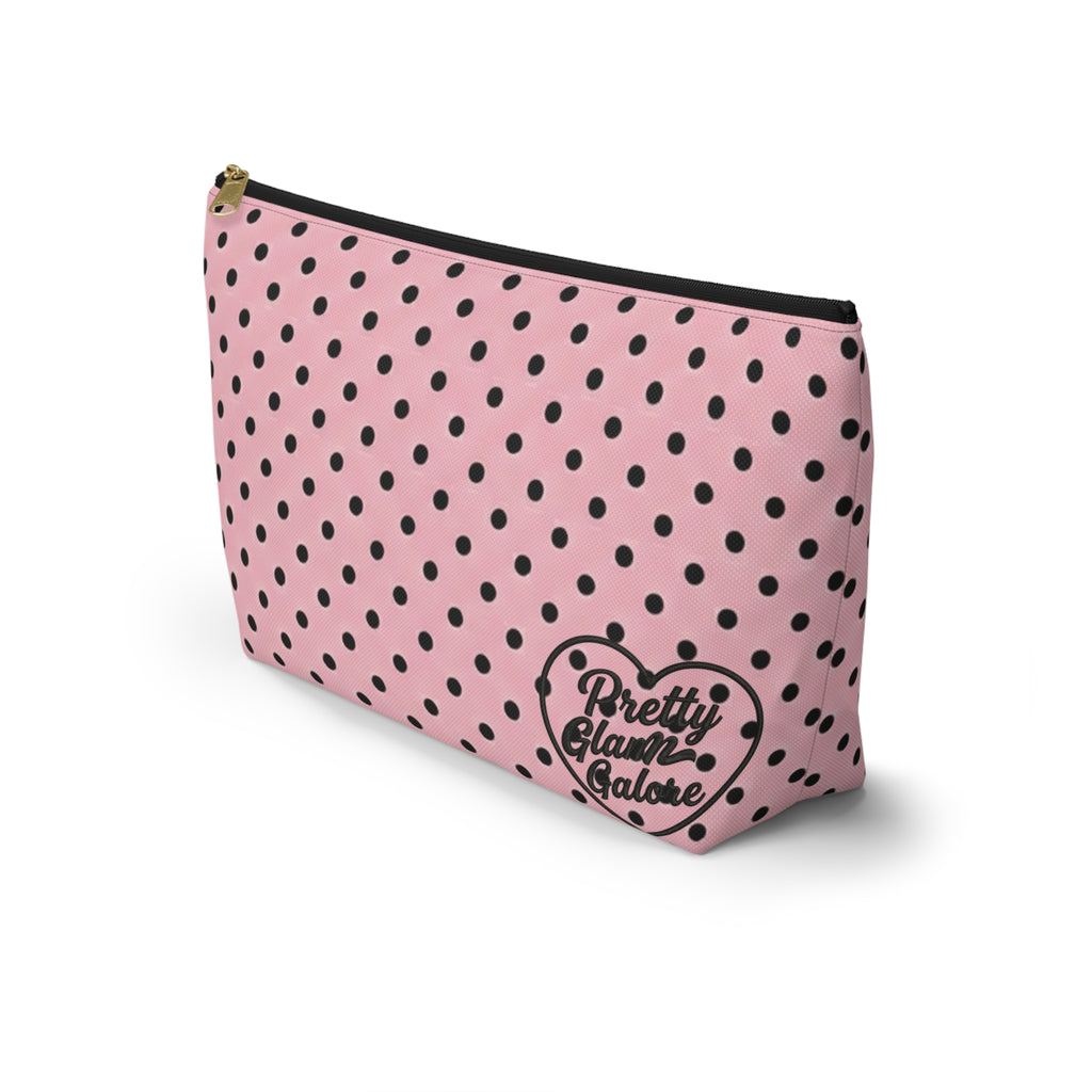 Black Polka Dots on Pink Accessory Pouch | T-Bottom Cosmetic Bag
