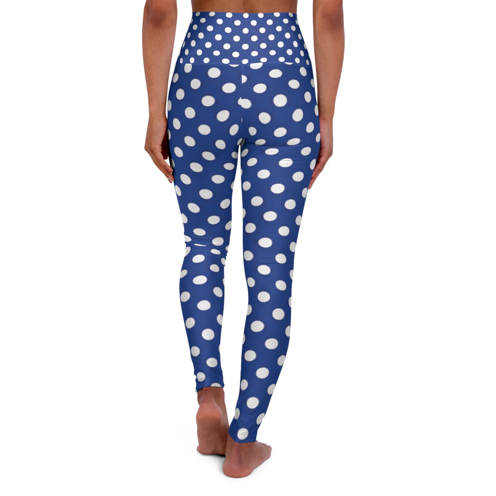 Blue Polka Dot High-Waist Yoga Leggings — Stretchy AOP Fitness & Everyday Wear