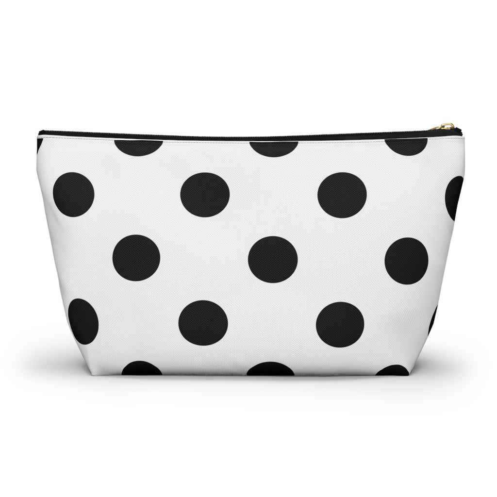 Polka Dot Accessory Pouch — Black & White Cosmetic Bag with T-Bottom
