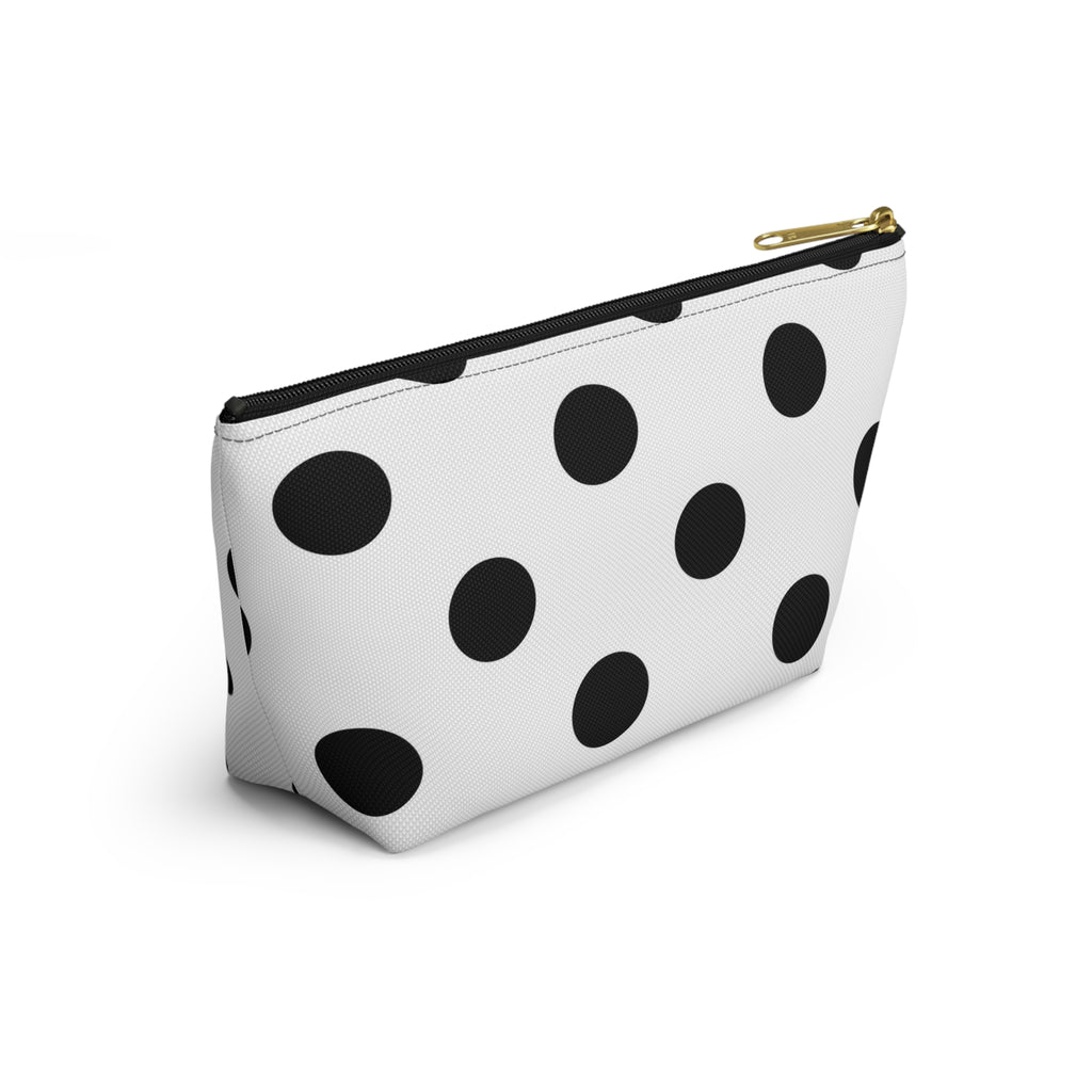 Polka Dot Accessory Pouch — Black & White Cosmetic Bag with T-Bottom