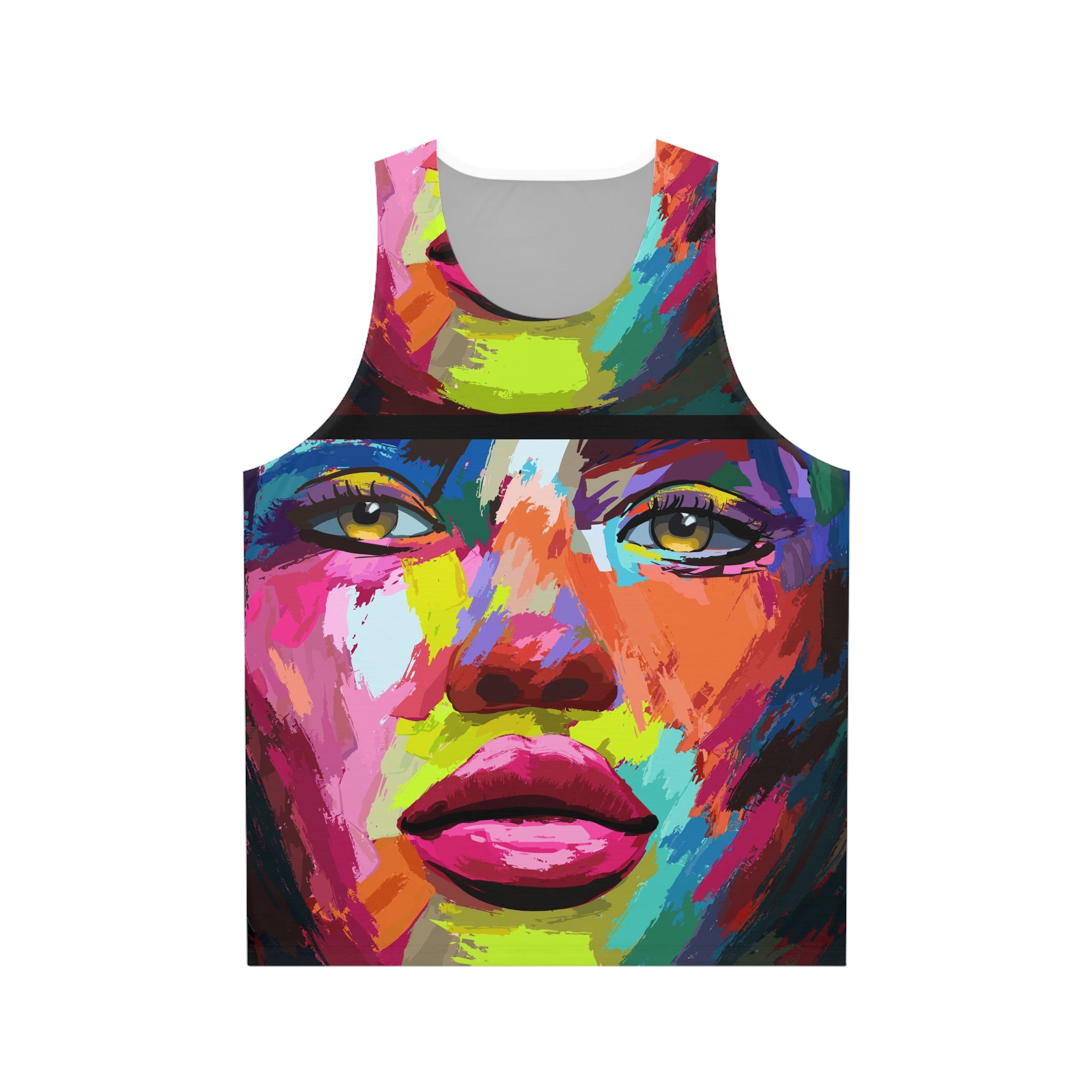 Colorful Pop Art Face Tank Top — Vibrant Abstract Portrait AOP
