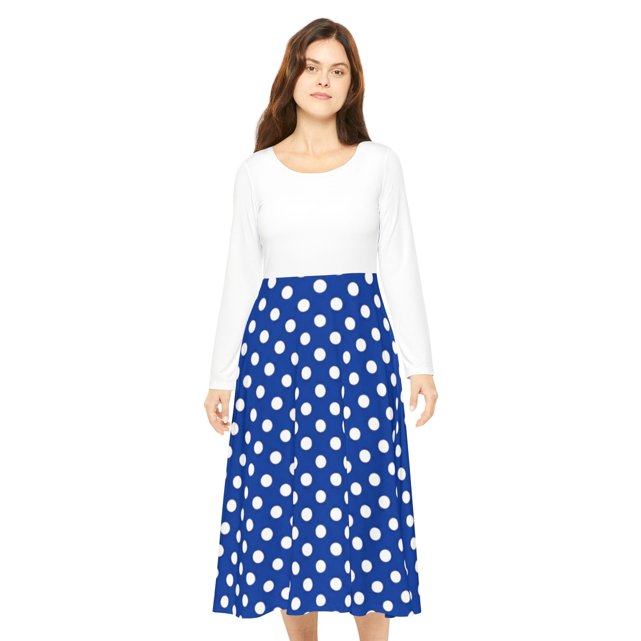 Blue Polka Dot Long Sleeve Dance Dress — Vintage Swing Skirt for Women