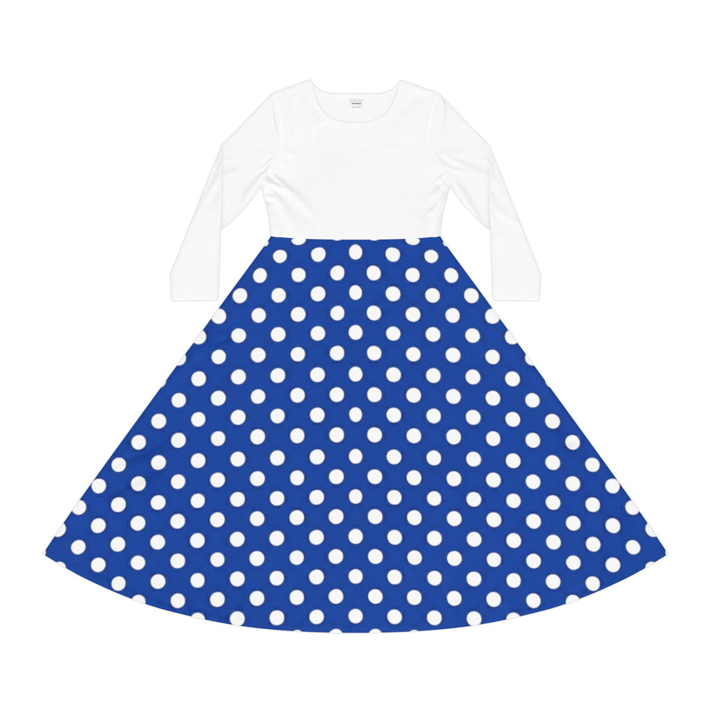 Blue Polka Dot Long Sleeve Dance Dress — Vintage Swing Skirt for Women