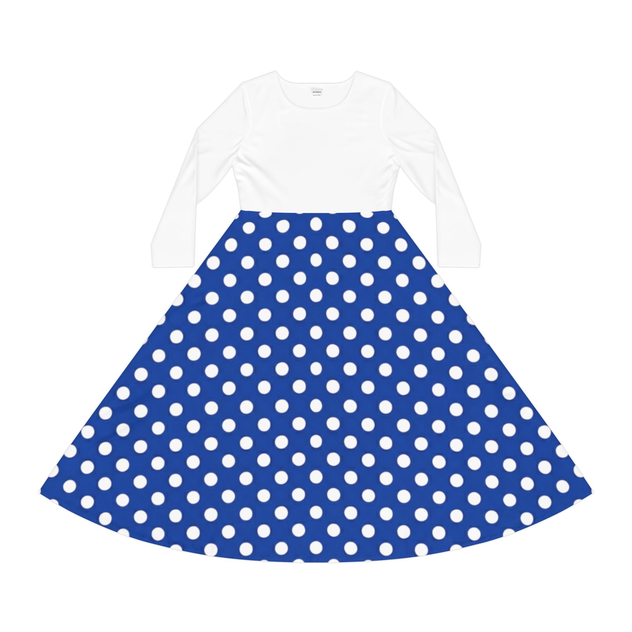 Blue Polka Dot Long Sleeve Dance Dress — Vintage Swing Skirt for Women