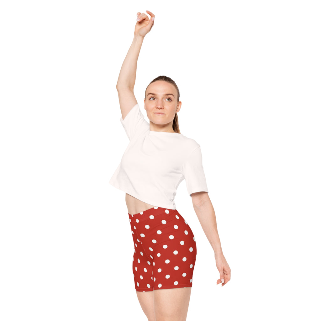 Red Polka Dot Biker Shorts - Retro White Dot Activewear