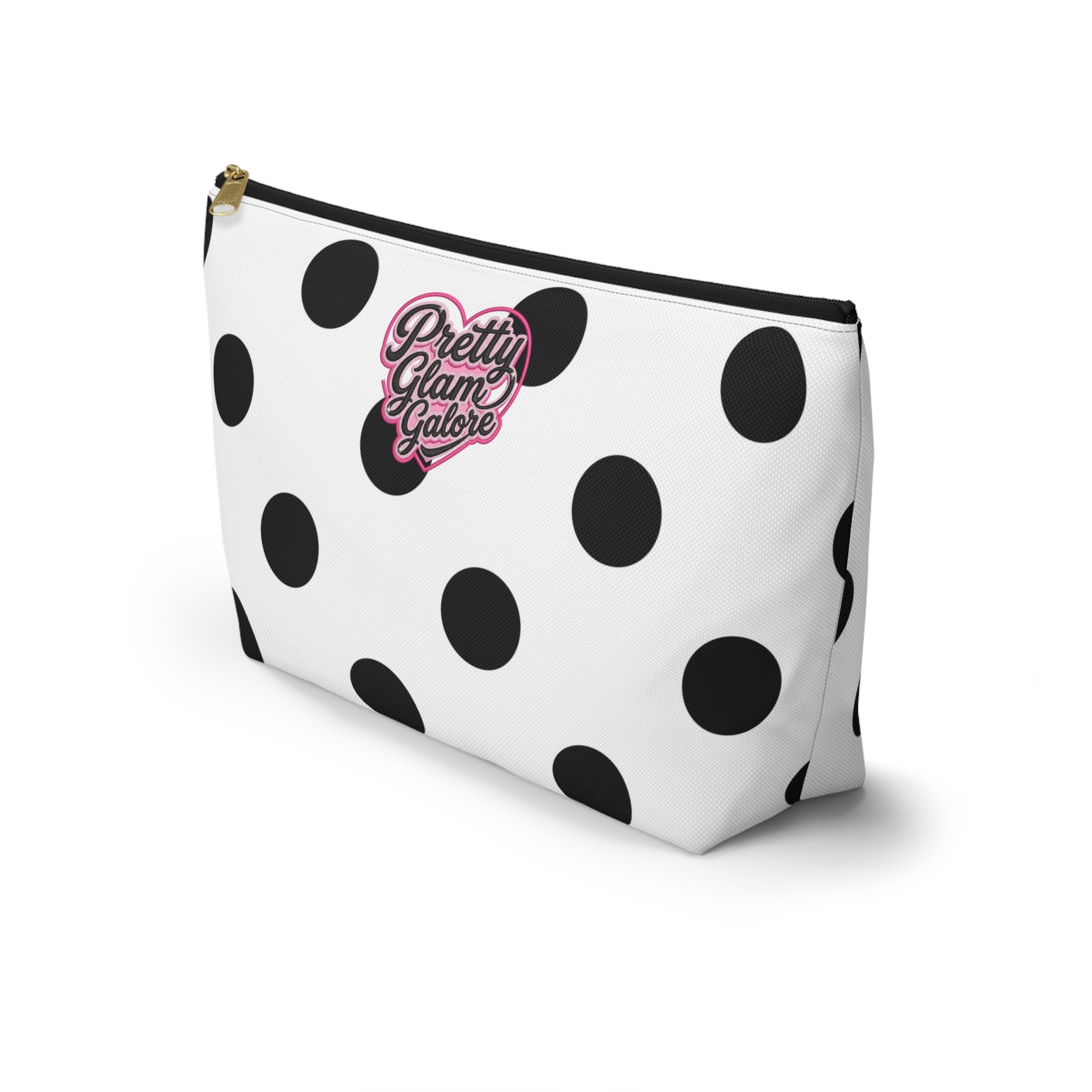 Polka Dot Accessory Pouch — Black & White Cosmetic Bag with T-Bottom