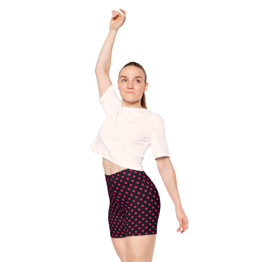 Women's Polka Dot Biker Shorts — Black with Hot Pink Dots