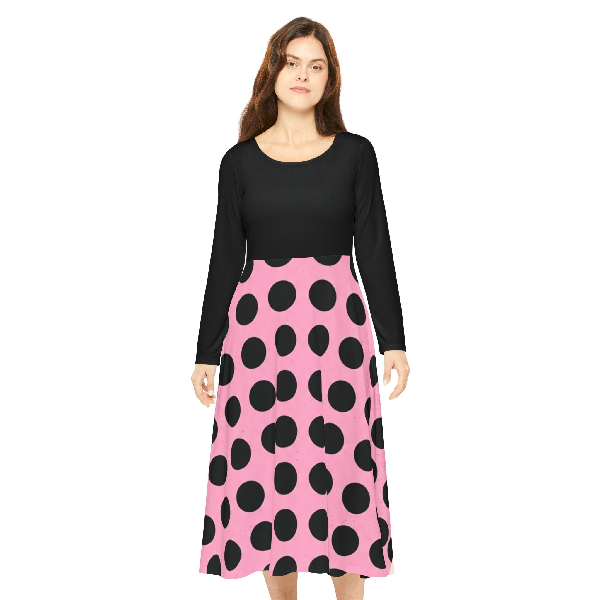 Long Sleeve Polka Dot Dance Dress — Pink & Black Retro Swing Skirt