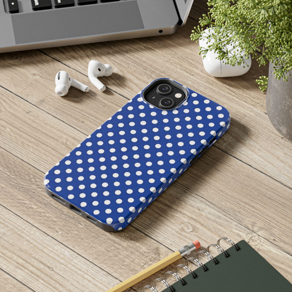 Polka Dot Tough Phone Case — Navy Blue White Dot Protective Phone Cover